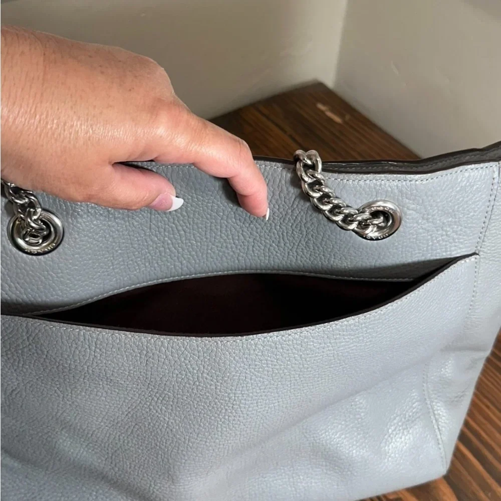 Coach Pebbled Leather Tote in Light Gray with Chain Handles